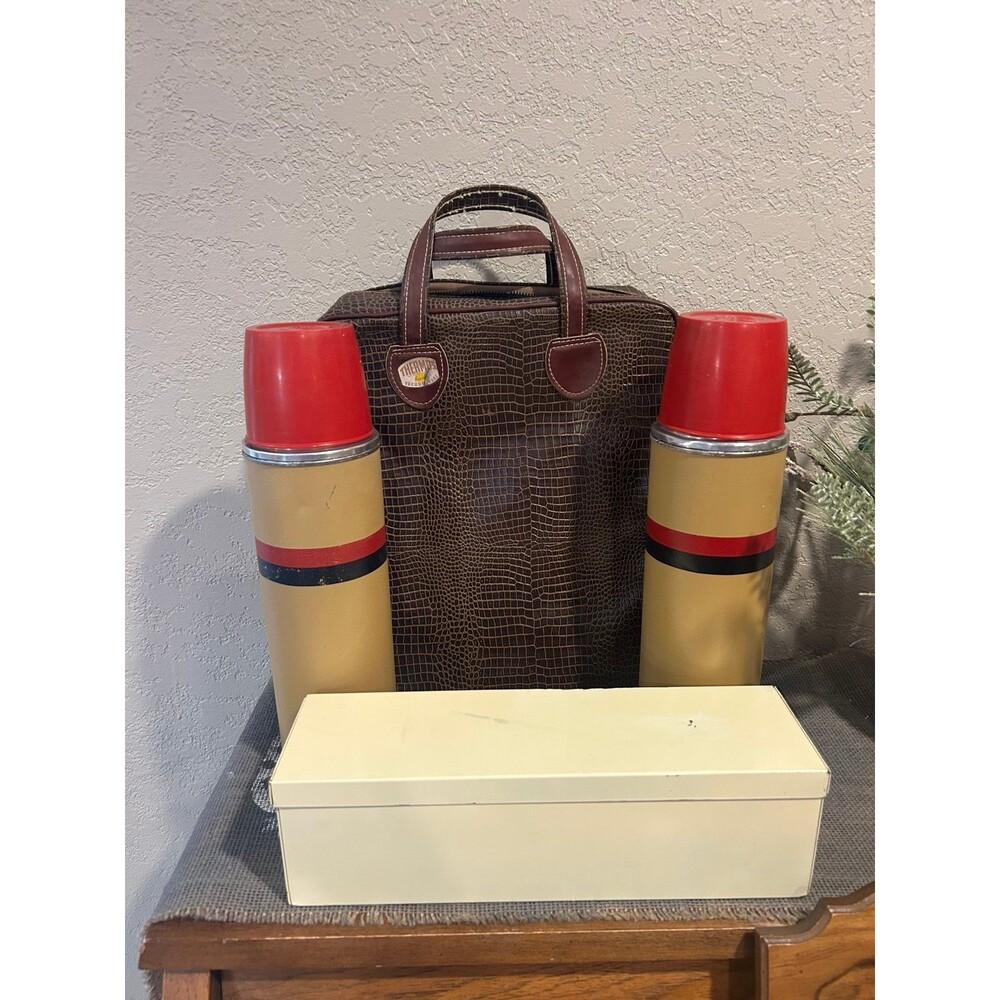 Vintage Thermos Picnic Set w/Leather Carry Bag 2 Thermoses Sandwich Box Cups